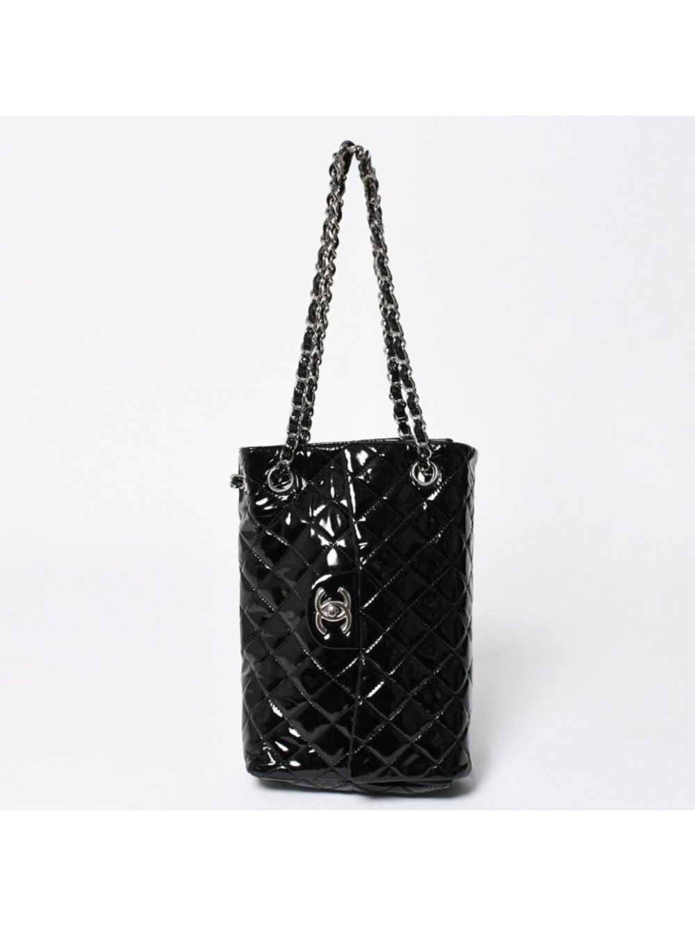 Chanel Quilted Upside Down Chain Shoulder Bag CC Logo Patent Leather Black